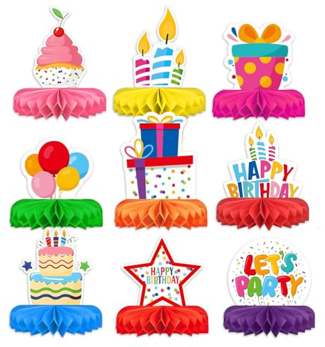 YZROHYI 9 Stück Tischdeko Kindergeburtstag, Bienenwaben Deko Geburtstag, Bunte Happy Birthday Tischdeko Tischaufsatz, Waben Tischdekoration Party, Honeycomb Dekorationen, Geburtstagsdekorationen