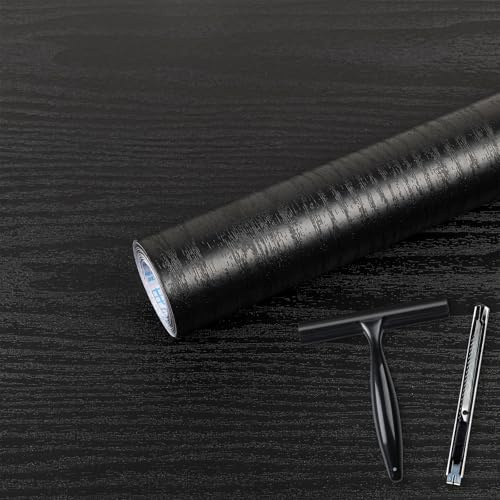 Abyssaly Black Wood Vinyl Wrap Self Adhesive Wallpaper Toolkit Included | 60 X 1000cm Matt Wood Effect Sticky Back Plastic Roll for Furniture, Self Adhesive Vinyl Roll PVC Kitchen Worktop