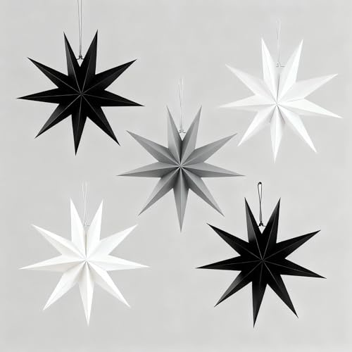 Kizozo Papiersterne Weihnachten 5er Set, Papiersterne zum aufhängen, Weihnachtsdeko Outdoor Innen Fenster, Christbaumschmuck 30cm Papiersterne zum Aufhängen für Weihnachtsdeko, Schwarz Weiß Grau
