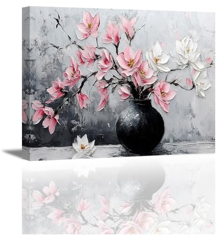 Piy Painting Fleurs Toile Murale, Blanc Et Rose Fleurs Dans Un Vase Noir Canvas Image, Moderne Tirages Sur Toile Pour Chambre à Coucher, Salle De Séjour, Peinture Décoration, 40x30 cm, Cadre intégré