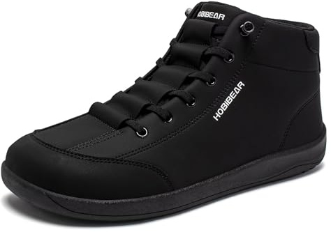 HOBIBEAR Leather Barefoot Boots Zero-Drop Wide Width Minimalist Shoes Unisex Mid Top Walking Boots(All Black Women 6,Men 5)