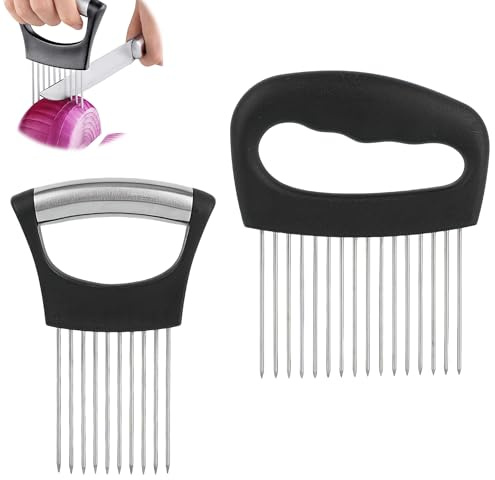 2pcs Onion Slicer Set, Onion Holder for Slicing, for Everyday Use | Stainless Steel Onion Holder for Slicing with Prongs for Safe Even Cuts, Practical Kitchen Hacks Gadgets for Onions Tomatoes.