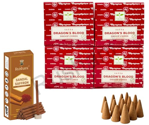Satya Dragon’s Blood Dhoop Cones with Stand, 4 Packs x 12 (48 Cones Total) + Rushant Sandal Saffron Dhoop Sticks (10) – Incense Set for Relaxation & Meditation
