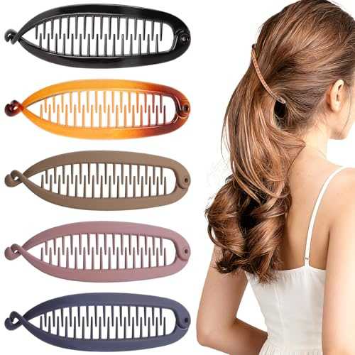 5 Stück Banana Clip,Bananenspange Haare,Vintage Glänzend Matt Damen Banana Clip Dünnes Dickes Haar,Französische Bananen Haarspangen für Lockiges Oder Glattes Haa Pferdeschwanz Half Up(5 Farben)