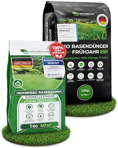 Rasensamen & Rasendünger Set – 1 kg Highspeed Rasensamen schnellkeimend + 2,5 kg Bio Rasendünger Frühjahr – Rasensaat für Nachsaat & Neuanlage – organischer Dünger für kräftigen, dichten Rasen bis 100