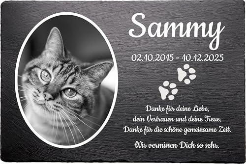 Pokal Center Westerheider Gedenkstein Katze & Hund aus echtem Schiefer (30x20 cm) – Wetterfester Grabstein mit Bild & Name – Schieferplatte als liebevolle Erinnerung & Grabschmuck
