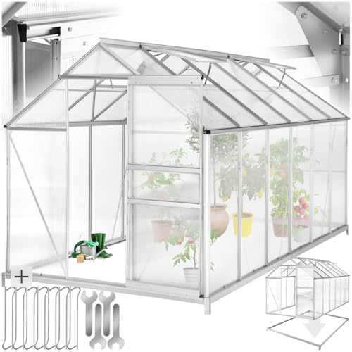 tectake® Serre de Jardin avec Base en Aluminium Polycarbonate pour Potager Exterieur Serre de Jardin pour Hivernage Tente Abri pour Les Plantes Serre à semis Jardinage - 375x185x195 cm