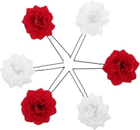 Veemoon Lot de 6 Épingles à Cheveux de Fourche à Fleurs Roses en Velours, Accessoires pour Cheveux pour Femmes, Mariage et Chignon, 3 Rouges 3 Blanches, Maintien Ferme et Élégant