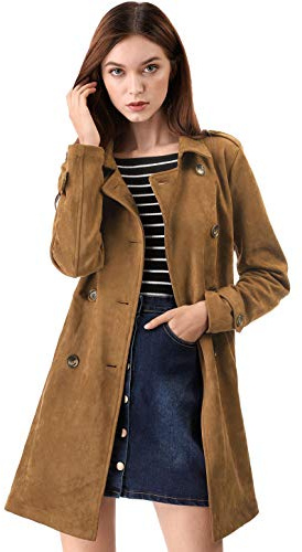 Allegra K Trench coat da donna in finta pelle scamosciata con revers doppio petto con cinturaMarrone L