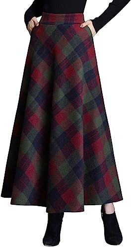 ebossy - Gonna Lunga da Donna, Stile Vintage, a Vita Alta, in Misto Lana, con Tasca - Verde - M
