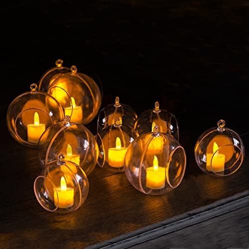 10 Pack 3.54/90mm Acrylic Hanging Tealight Candle Holder with 10 Pack Flameless LED Candles, Globe Ornament for Air Plant, Tea Light Candlestick for Home Party Decor Wedding Birthday Christmas