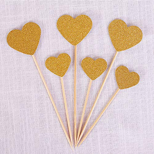 30 Stück bunte Herz-Cupcake-Topper, Glitzerkuchenaufsätze, Kuchendekorationen für Geburtstag, Hochzeit und Babyparty, Partyzubehör (Gold)