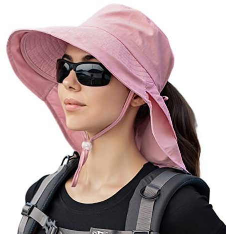 Sahgsa Damen-Sonnenhut, Nackenschutz Sonnenhut UV-Schutz UPF 50+ Strandhut mit breiter Krempe Damen Herren Eimerhut mit Kinnriemen und Pferdeschwanzloch Sonnenhut Sommer, Outdoor,