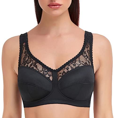 Ayigedu UK Plus Size Minimiser Bra Women Non-Wired Non-Padded Full Coverage Soft Cup Bra 40DD Black