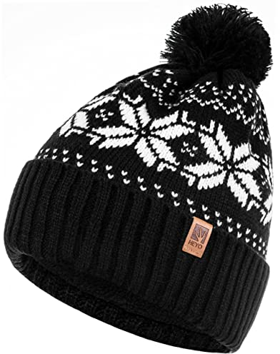 HEYO Mütze Damen Herren Norweger Mütze Bommelmütze Unisex Wintermütze Dick Gefüttert Warm (Schwarz)