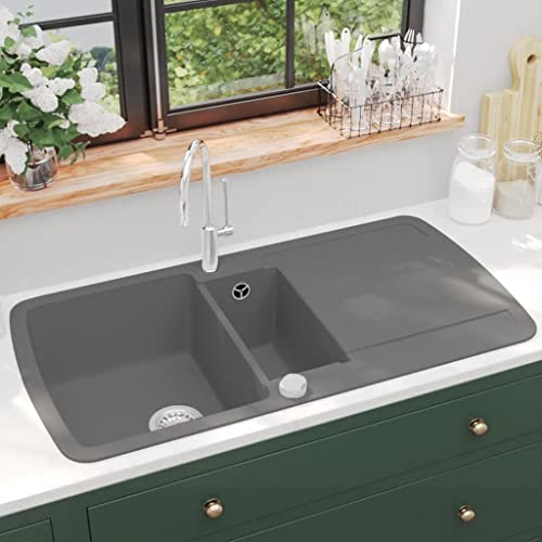 Granitspüle mit Abtropffläche Doppelbecken Einbauspüle Reversibel Küchenspüle Spüle Spülbecken für den Spülenschrank, 960 x 500 x 310 mm Grau
