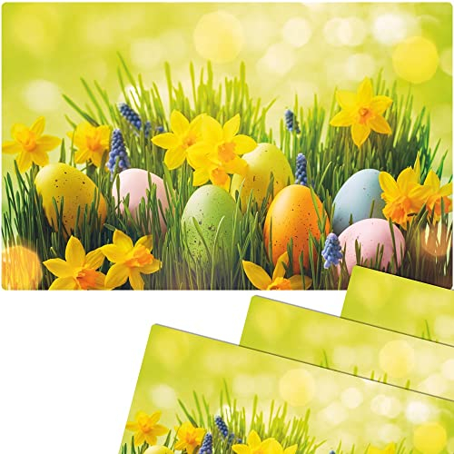 matches21 Frühlingshafte Tischsets Platzsets Motiv abwaschbar Ostereier Osterglocken Blumenwiese bunt 4er 43,5x28,5 cm