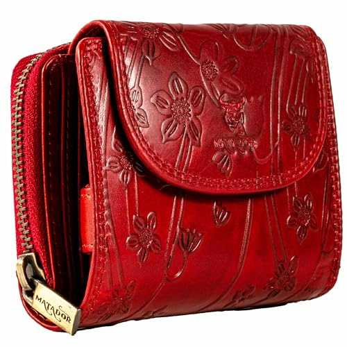 MATADOR Leder Geldbörse Damen Mittelgroß #SARAGOSSA mit Geschenk Box, Luxus RFID Geldbeutel Damen, Brieftasche Frauen Viele Fächer, Leder Geldtasche, Edles Portemonnaie Frauen, Blumen Rot