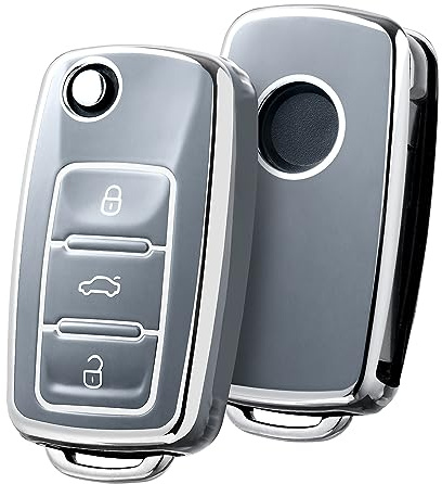 OATSBASF Autoschlüssel Hülle VW, VW Golf Schlüsselbox, Schlüsselhülle Cover für vw Polo Passat Skoda Seat 3-Tasten (Silber Rand-Grau)