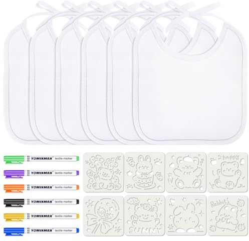 Aolso haklappar för målning – 6 vita haklappar med 6 textilpennor och 8 ritmallar, presenter till babyparty, vattentät (18 x 18 cm)
