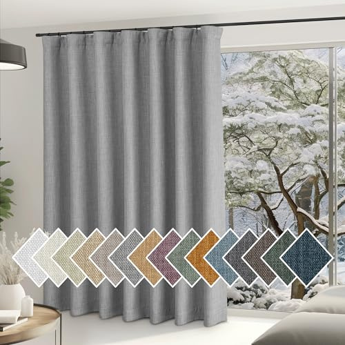 NICETOWN Extra Wide Light Grey Sliding Door Curtains, Hook Belt/Rod Pocket/Back Tab Faux Linen Thermal Drape Room Dividers Window Treatments for Living Room/Bedroom, W100 x L84, 1 Panel