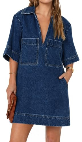 Fisoew Womens Denim Shirt Dress Summer Collared V Neck Mini Jean Dresses