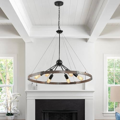 Vintage-Industrieleuchten 6-flammige Wagenrad-Kronleuchter-Deckenleuchte,schwarzer rustikaler Kronleuchter E27, höhenverstellbare Metallleuchten für Wohnzimmer, Küche, Bauernhaus Schlafzimmer, 80 cm