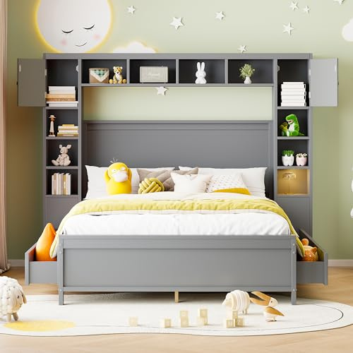 Zravenna Schrankbett 140x200, Wandbett mit Lattenrost, Bett mit 4 Schubladen und großem Stauschrank, Massivholzbett, Doppelbett, Bettgestell (Grau)