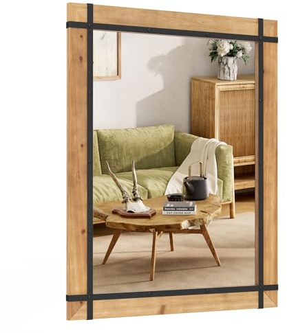COSTWAY rechteckiger Spiegel mit Holzrahmen, 77 x 100 cm, rustikaler Wandspiegel, unbrechbarer Hängespiegel, dekorativer Holzspiegel mit Haken, für Flur, Wohnzimmer, Schlafzimmer, Vintage Braun