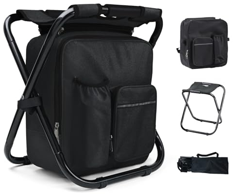 Outplea Sgabello da Campeggio Pieghevole Portatile per Adulti Con Zaino Refrigerante Rimovibile da 15 L, Ultraleggero per Caccia e Pesca, Con Borsa da Picnic per Viaggi