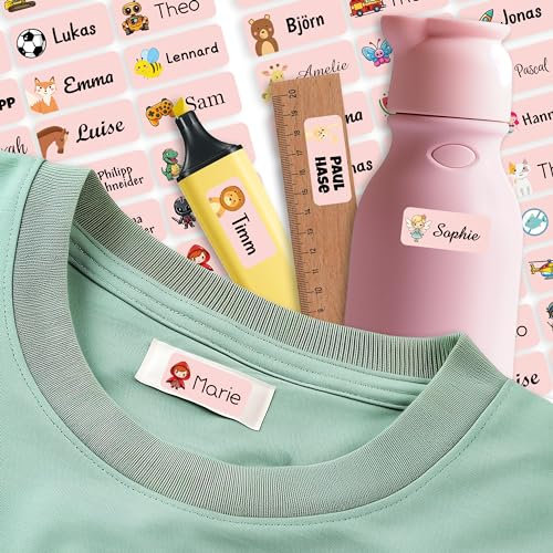 Sunnywall Namensaufkleber für Kinder Kleidung & Gegenstände (Pastellrosa, 50 Stück) Schule/Kita selbstklebende Namensschilder waschmaschinenfest personalisiert | Aufkleber Wunschname