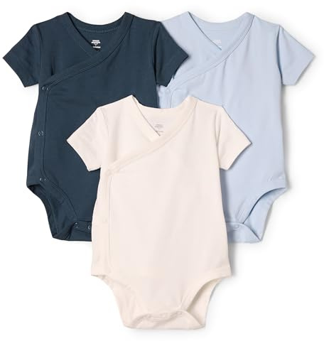 Amazon Essentials x Sofia Grainge Body a Maniche Corte con Bottoni Laterali Unisex Bimbi, Pacco da 3, Avorio/Blu Chiaro/Blu Marino Scuro, 3-6 Mesi