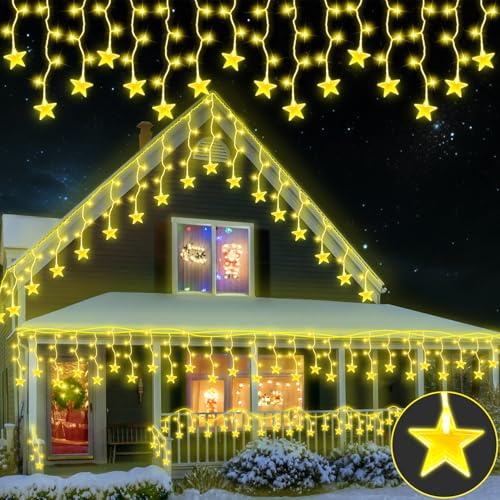 SVYHUOK Sterne Lichterkette Außen LED Weihnachten Lichtervorhang, Lichterketten Vorhang 8 Modi, Weihnachtsbeleuchtung Wasserdicht für Garten, Balkon, Fenster, Dachrinne, Haus, Geländer