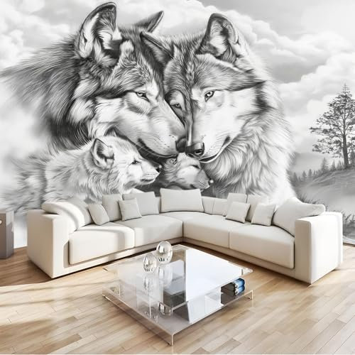 Grey Mural Animal Wolf Family 3D Non-Woven Wall Mural Photo Wallpaper, Premium Art Print Decor for Living Room Kids' Bedroom & Home Interiors W200 X H140 Cm