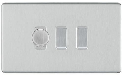 BG Brushed Steel Screwless 3 Gang Switch 1x Trailing Edge LED Dimmer 2x 2 Way