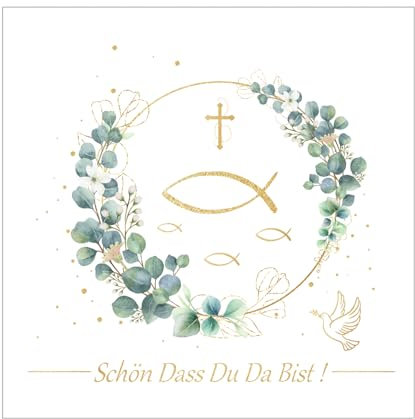 40 Servietten Kommunion 33x33 cm Kommunion Deko Junge Mädchen Schön, dass du da bist Servietten Fisch Eukalyptus Deko Taufe Deko
