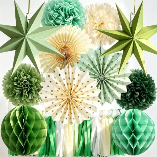 Geburtstagsdeko Grün Beige,Party Deko Geburtstag,15PCS Grüne Geburtstagsdeko für Frauen Mann Mädchen Junge,Hintergrunddekoration für Verlobung,Grüne Boho Hochzeit,Babyparty,Bridal Shower,Garten Party