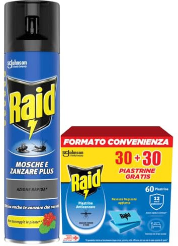 Raid Piastrine Antizanzare, 60 Piastrine Inodore per Zanzare Comuni e Tigre, Fino a 12 Ore di Protezione, Compatibili con Diffusori Raid