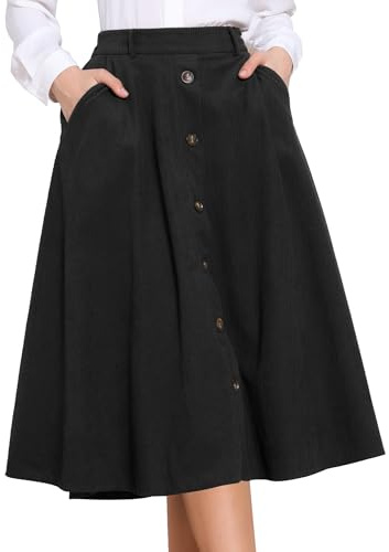 Allegra K Corduroy Skirt for Women High Waist A-Line Flared Midi Skirts | High Waisted, Corduroy Fabric, A-Line, Elastic Waist Back, Slant Pockets, Side Zipper, Midi Length