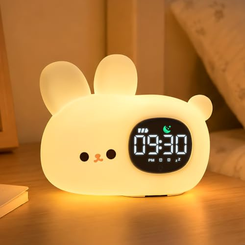 Lapin Réveil Enfant Éducatif Jour/Nuit Lumineux en Silicone avec Veilleuse – Réveil Éducatif pour Enfants, Horloge avec Lumière Apaisante, Idéale pour Garçons et Filles, Parfait pour Chambre d’Enfant