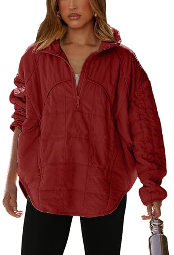 Daacee Oversized Lightweight Quilted Pullover Jacket for Women Casual Half Zip Puffer Jackets Padded Outwear with 4 Pockets(0760-Red-XL)