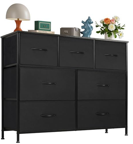 OLIXIS 7 Drawers Dresser for Bedroom, Fabric Storage Tower for Living Room, Entryway - Sturdy Steel Frame, Wooden Top & Easy Pull Fabric Bins, Closet Chests Organizer for Clothes, Black