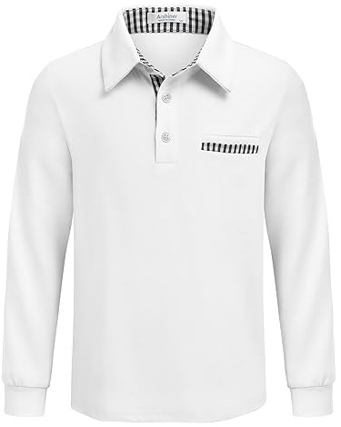 Arshiner Jungen Poloshirt Langarm mit Brusttasche und kariertem Besatz | Weiches elastisches Polohemd mit Knopfleiste Brusttasche und kariertem Besatz als Schulshirt und Freizeitoberteil