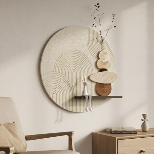 3D Textured Neutral Abstract Wall Art Decor With Shelf, Boho Beige and Brown Artwork for Walls With Green Accent, Modern Minimalist Wall Decor for Living Room, Hallway, Kitchen, Bedroom, Office, 24x24