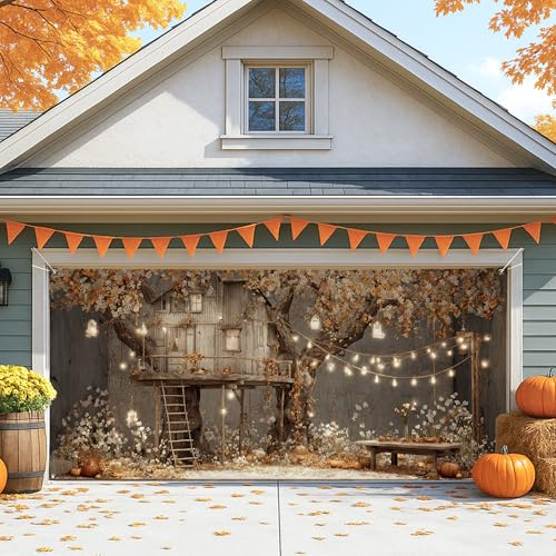 Cubierta rústica para puerta de cochera, decoración de otoño grande para exteriores, decoración de temporada de otoño para Halloween y Acción de Gracias, 157 x 71 pulgadas