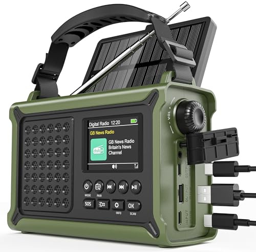 Roxicosly DAB+/DAB/FM Solar Wind Up Radio with 12000mAh Rechargeable Battery, Bluetooth5.0, 2.4 Large Colour Display, Dual USB Chargers, 5W Torch,120db SOS, Dual Alarms for Survival Outdoor
