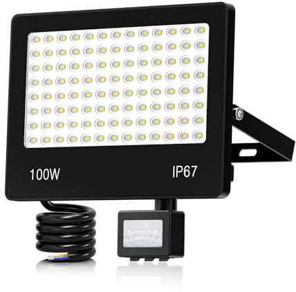 HAPYLUMI 100W 10000 Lumen Focos LED Exterior con Sensor de Movimiento, 104LED 6500K Luz Fría Proyector LED, IP67 Impermeable Iluminación de Seguridad para Jardín, Patio, Parking, Garaje, Yarda