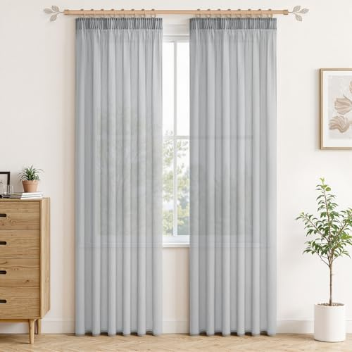 MRTREES Gardiner gråa korta med veckband 200 x 140 cm (HXB), gardiner, boho, transparenta för sovrum, set om 2, gardin, makramé, moderna för kök, butik, barnrum