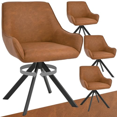 Goeurvant Esszimmerstühle Drehbar 4er Set mit Armlehne – 360°Drehbar Polsterstuhl PU-Leder Modern Drehstuhl Küchenstuhl mit Metallgestell und Rückenlehne für Esszimmer, Wohnzimmer, Büro, Braun