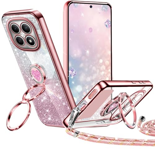Tawarror Glitter Cover per Xiaomi Redmi Note 15 5G con Cordino, Custodia per cellulari zincate Silicone, con Double Anneau Support e Regolabile Tracolla Practical Stylish Flessibile Antiurto, Rosa